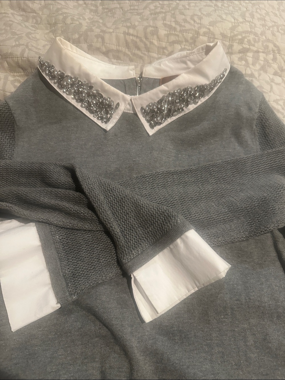 Belldini Gray Knit Sweater with White Embellished Collar